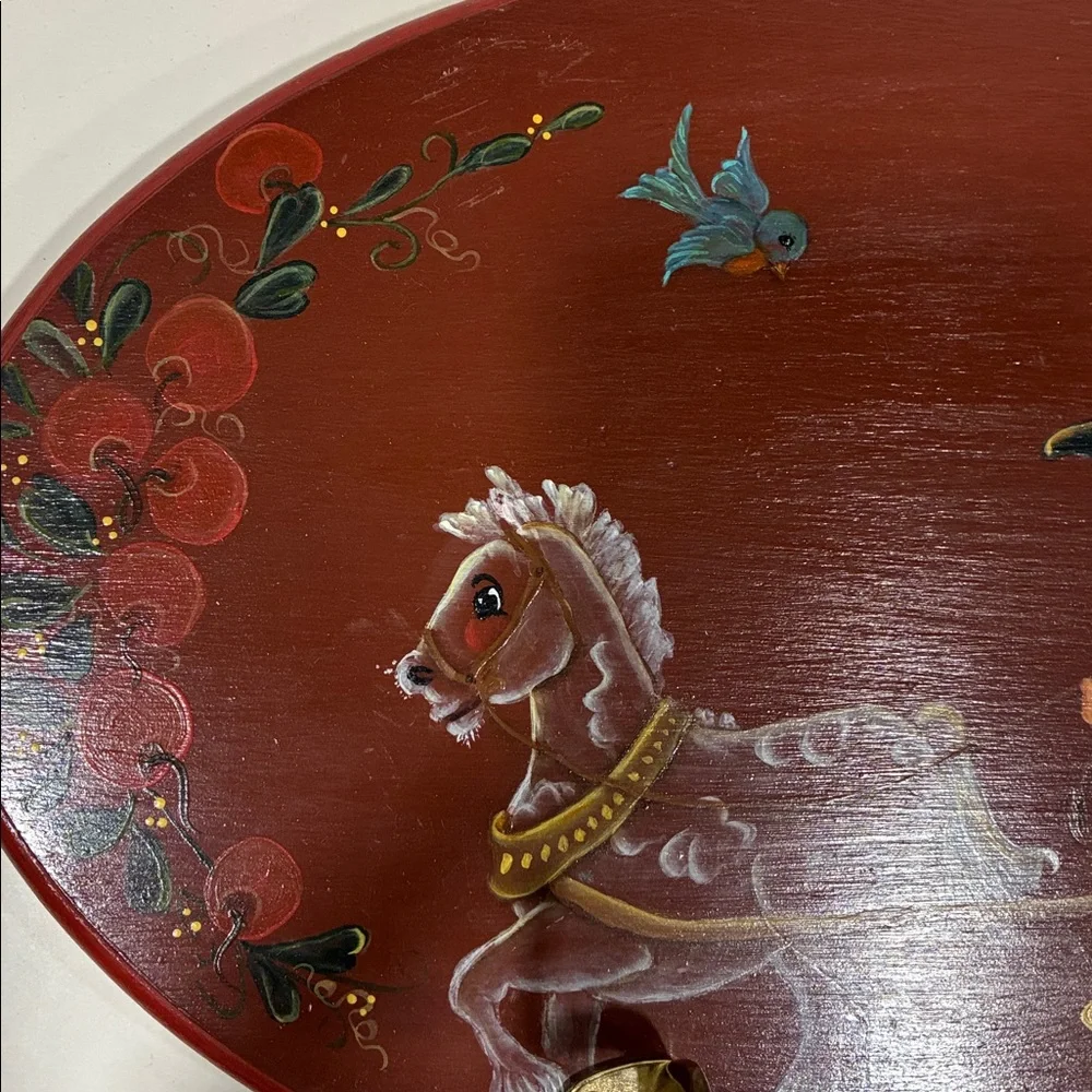 Tole Ware Coat Rack VTG Red Wall Decor W Brass Hooks Painted Colorful Dog Man